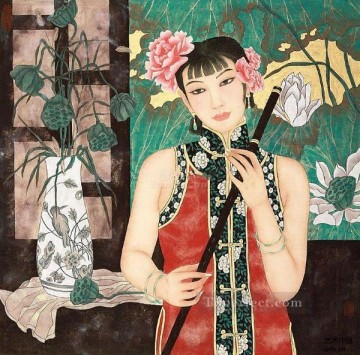 traditional Painting - lady and lotus traditional Chinese